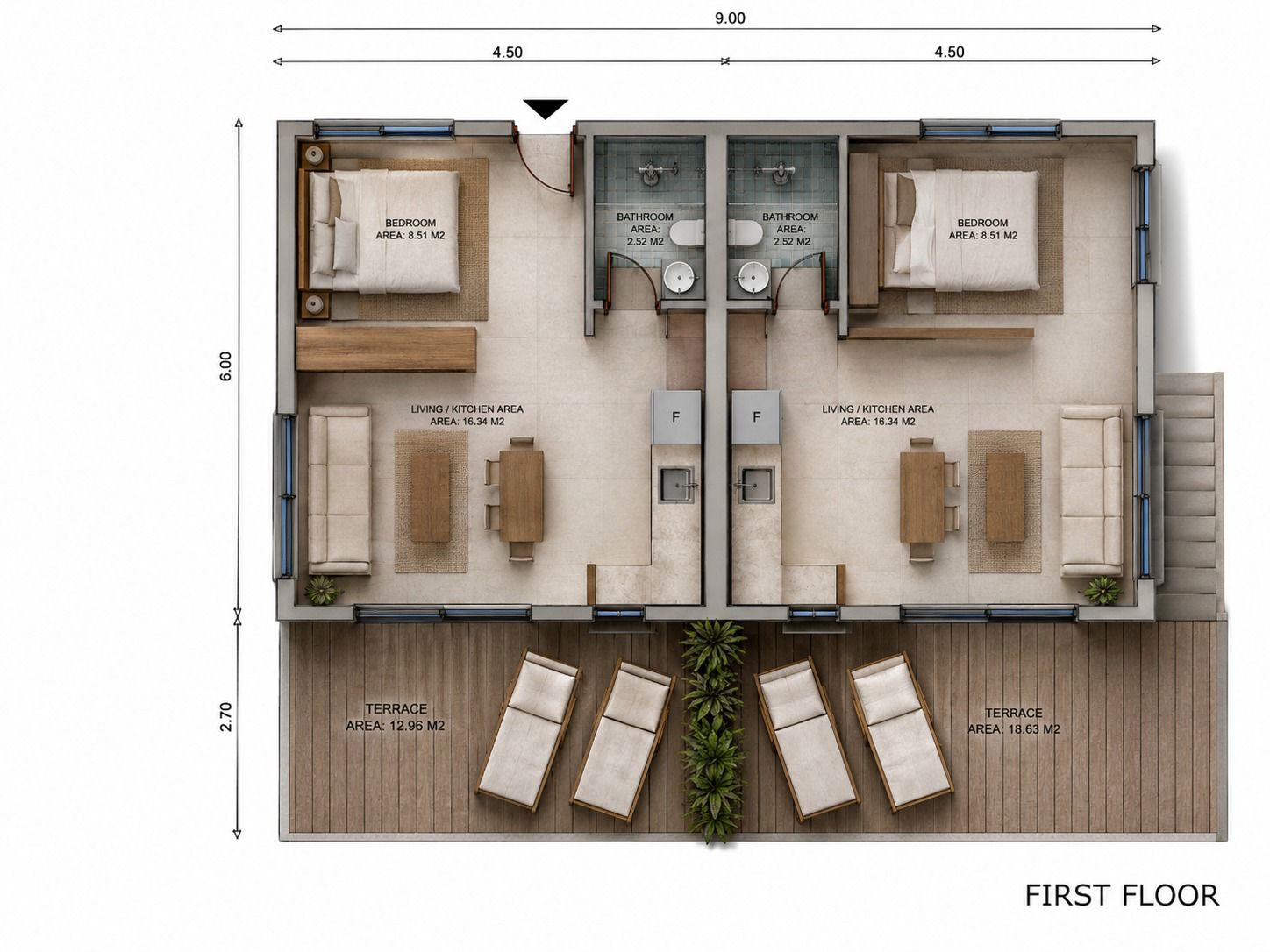 Plano del primer piso: chalés 1 y 2
